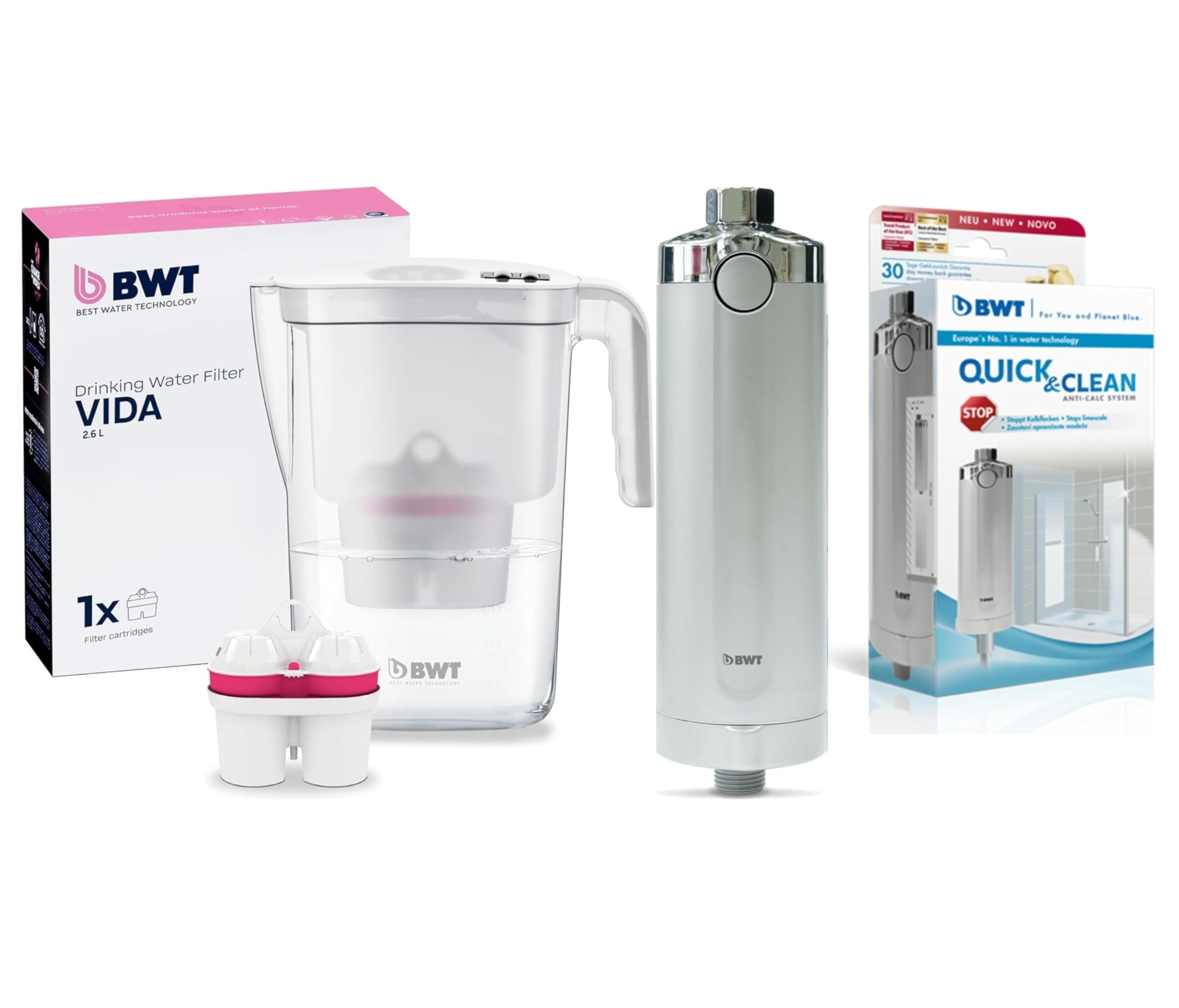BWT Set di protezione anticalcare per doccia Quick & Clean + filtro acqua da tavolo Vida con magnesio | anticalcare per bagno e cucina | include 1 cartuccia filtro | filtro doccia contro il calcare