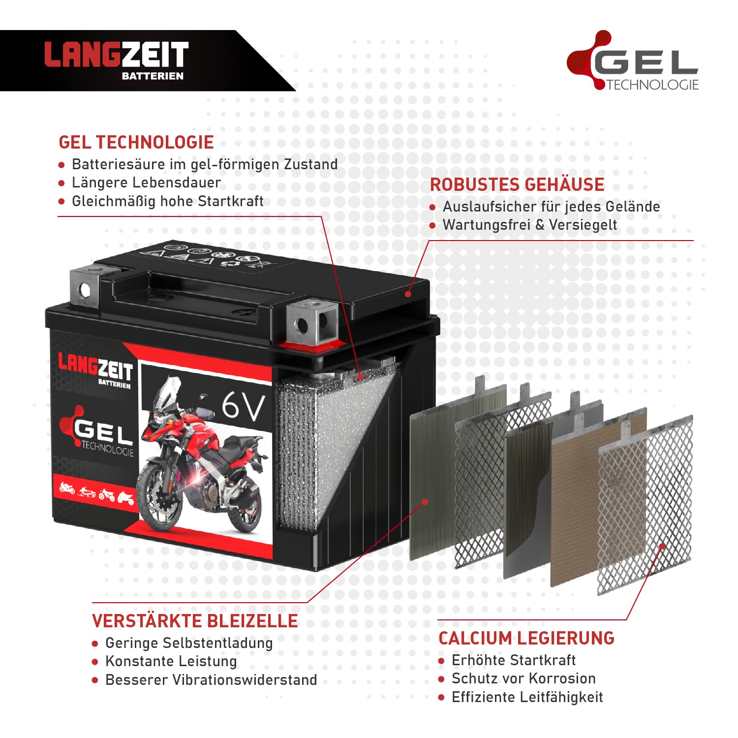 LANGZEIT 6N11A-1B Motorradbatterie GEL 6V 11Ah 110A EN 1211