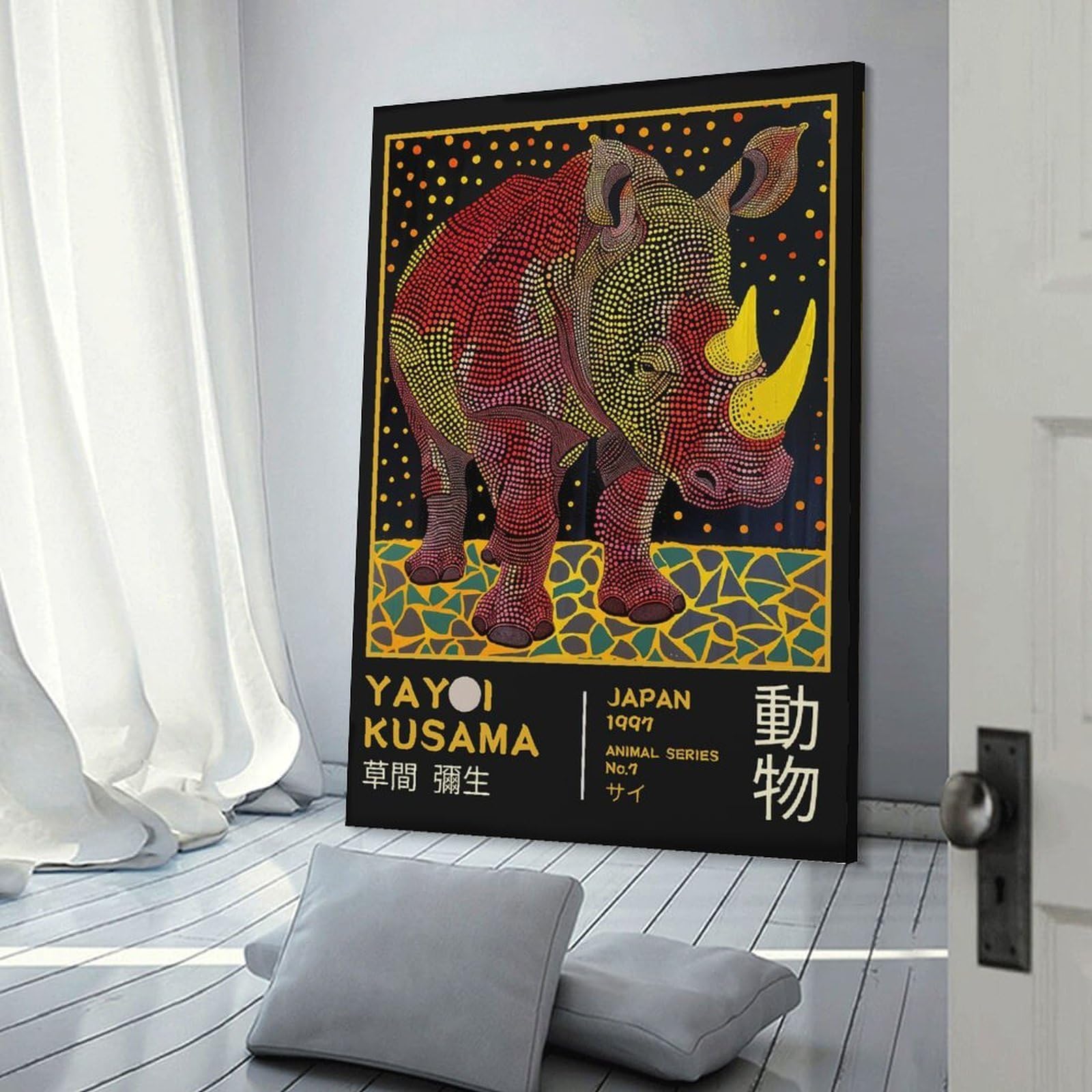 Junmoney Frame-Style-23 Yayoi Kusama Rhino No.7 Exhibition Poster Wall Picture Print, 20X30inch(50X75cm), For Lounge, Study, Hallway Or Flat Walls, Canvas Wall Art That Fits Changing Layouts