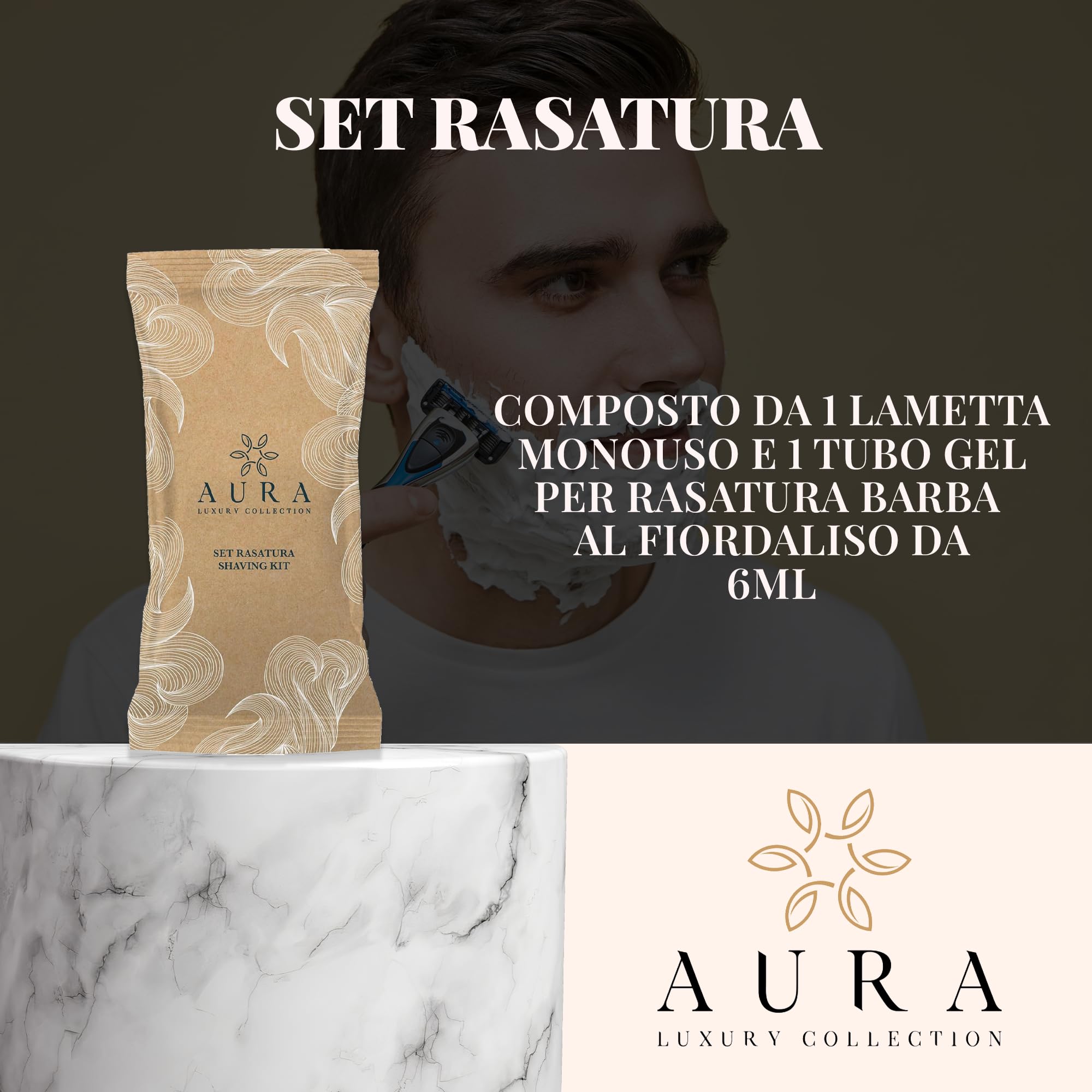 Aura Luxury Collection Zestaw 260 sztuk z kremem do ciała, szampon prysznicowy, luksusowe jednorazowe kapcie, zestaw Vanity, zestaw do golenia, zestaw do higieny jamy ustnej + 500 zespołów