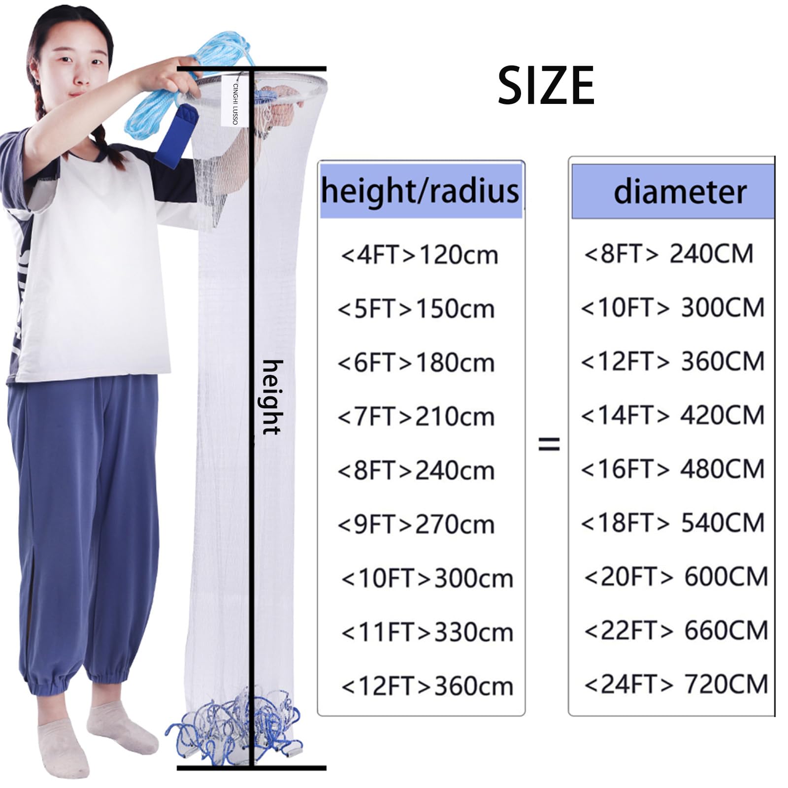 Fischernetz Wurfnetz zum Fischen Salzwasser-Fischnetz Fischernetze mit Aluminiumring Monofilament-Material Fischernetze Durchmesser 1,8m/ 2,4m/ 3,0m/ 3,6m/ 4,2m