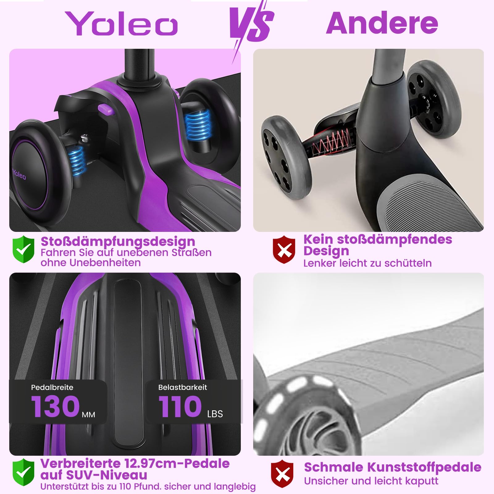 YOLEO Roller Kinder für 3–12 Jahre, Kinder Roller mit 4 Verstellbaren Höhen, Leuchtenden Räder Kinderroller, Stoßdämpfendes Design, Leicht zu Lenken, Balance-Trainings-Roller für Kinder