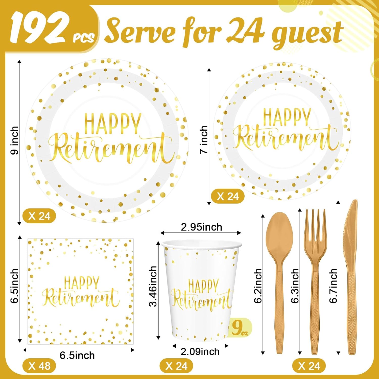 Pickmesh 192 Pcs Retirement Party Decorations Happy Retirement Paper Plates and Napkins Set with Cups and Knife Fork Spoon, Farewell Party Disposable Tableware for Guest (White)