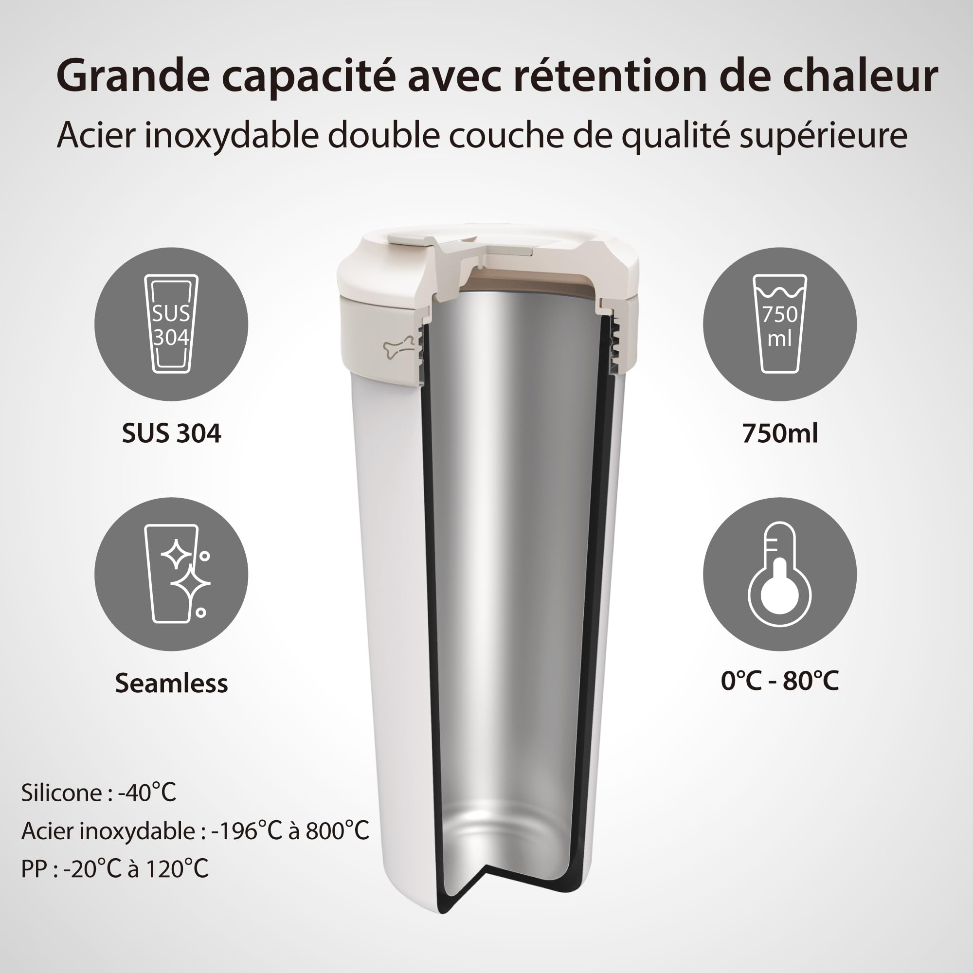 Bone Insulated Travel Tumbler,Tasse Isotherme de Voyage 750 ml – Gourde Thermos en Acier Inoxydable, Antifuite, Sans BPA, Gobelet Réutilisable pour Boissons Chaudes et Froides avec Couvercle