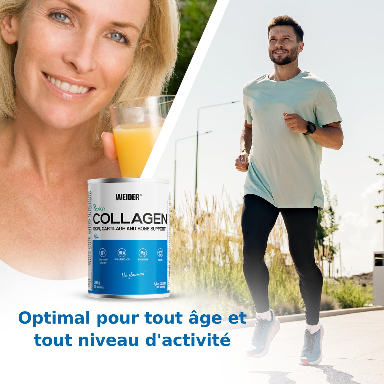 Weider Collagen Pack DUO. Peptide de collagène hydrolisé Peptan Enrichi d’acide hyaluronique, de magnésium et de vitamine C. Pour la santé des os et des articulations. Sans arôme. 300g