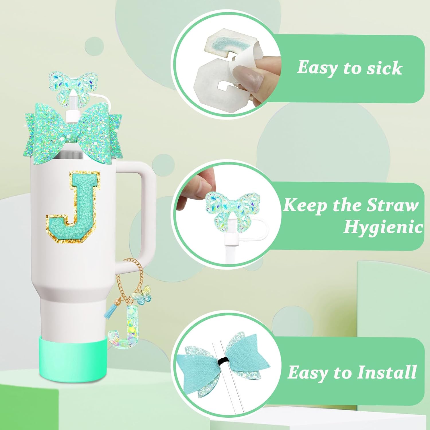 8PCS Stanley Cup Accessories Set for Stanley Cup 30oz 40oz Tumbler with Handle,Including Straw Topper Cover Cap and Boot,Spill Proof Stopper,Handle Charm,Initials Sticker (Mint green J) - Image 3