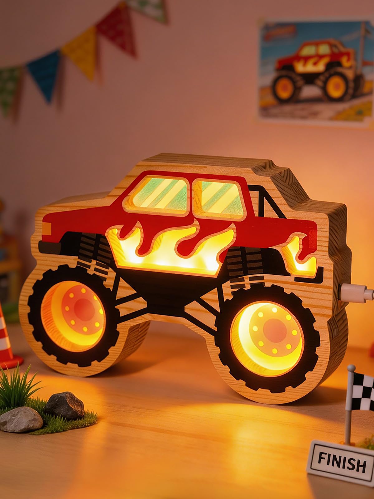 YuanDian Veilleuse en forme de camion monstre pour garçons de 4 à 7 ans, éclairage en bois en forme de voiture, décoration de table, bureau, chambre à coucher, idée cadeau pour garçons et enfants