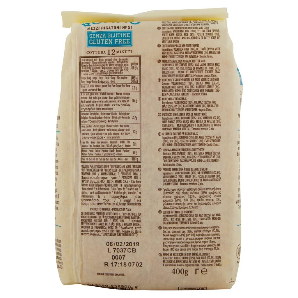 Italian Gourmet Glutenfreie Italian Gourmet Mezzi Rigatoni pasta senza | Formato corto rigato; ohne Weizen für Familienküche, Aufläufe und cremige, Gesamtnettogewicht 8 kg + Kostenlos Polpa 400g