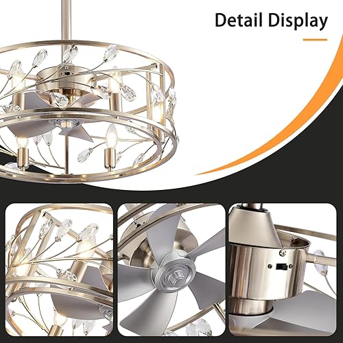 Miniatura 4 de Ventiladores de techo de cristal con control remoto de luces, lámpara de araña negra de perfil bajo de 20 pulgadas, moderno ventilador de techo