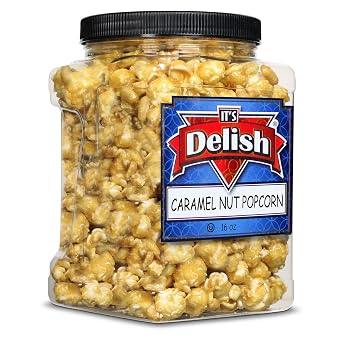 Gourmet Caramel Nut Popcorn with Peanuts by Its Delish, 16 OZ Jumbo Container Caramel Air Popped Sweet Crunchy Glazed Carmel Corn With Nuts Snack - Gluten Free, Vegan, Kosher, 1 Count