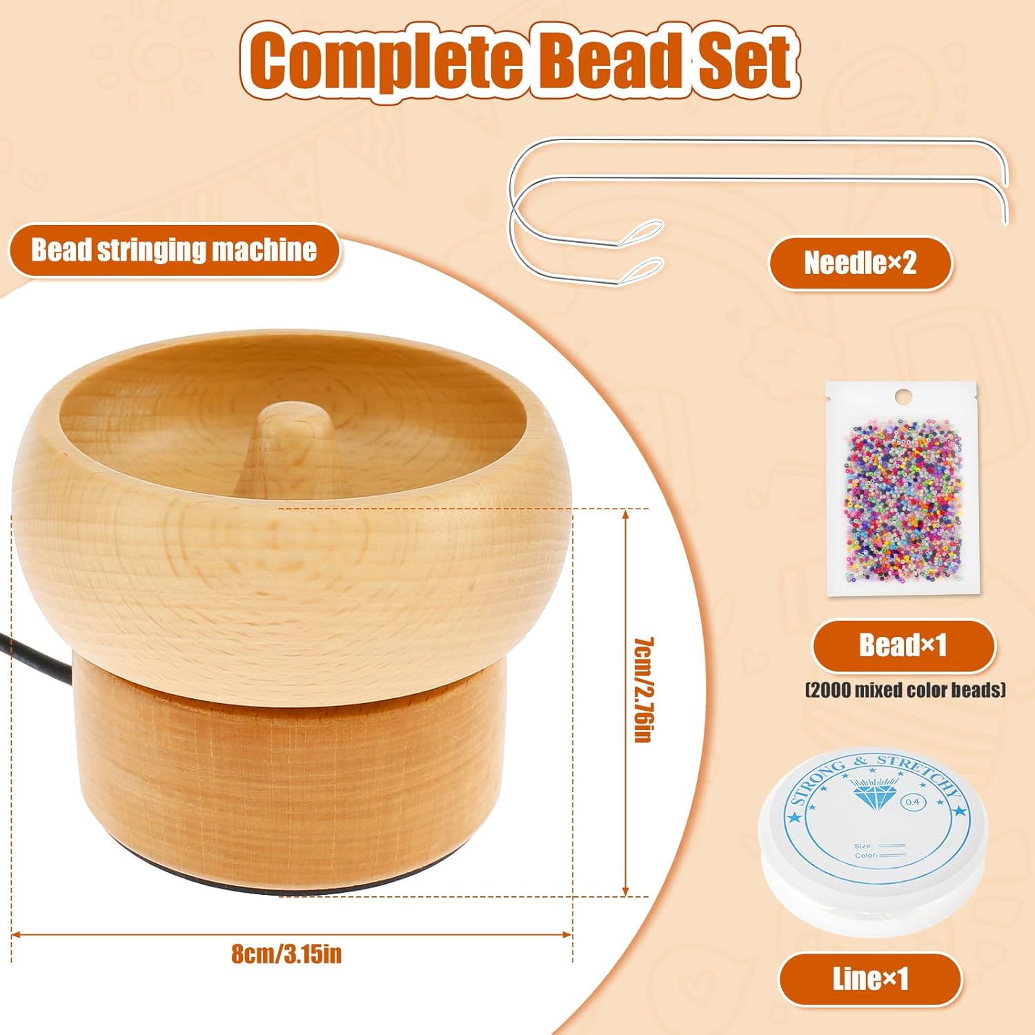 Electric Wooden Bead Spinner USB Powered Spin Beading Bowl Kit Adjustable Speed and Direction Spin Bead Loader with 2 Beading Needles 2000 Beads for Bracelets Jewelry Making