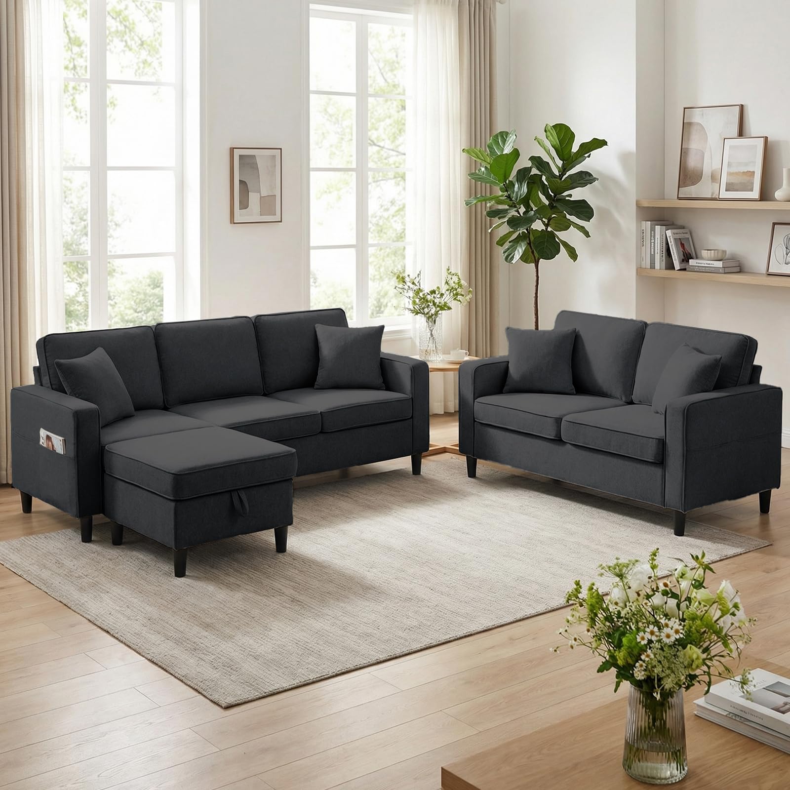 ijuicy 2PCS Sectional Sofa Set w/Ottoman,Modern Linen 5 Seater Couch Set with Movable Storage Ottoman & Side Pockets,3 Seat L Shaped Couch and