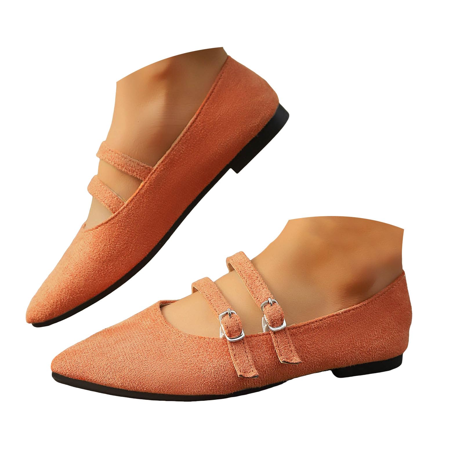 Women's Pointed Toe Ballet Flats Faux Suede Elegant Slip On Dressy Casual Walking Shoes with Buckle Ankle Strap Lightweight Wide Width Non Slip Flat Footwear for Party Wedding Office Work Wear 6.5 Orange