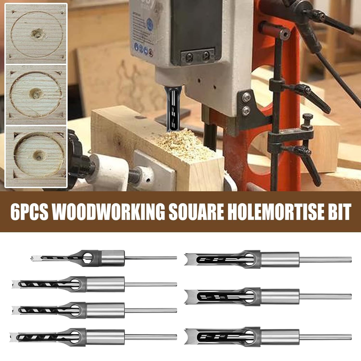 Woodworking Square Hole Drill Bits, Wood Mortising Chisel Set Wood Square Hole Mortising Chisel Drill Bit for Mortising Machines (1/4, 5/16, 3/8, 1/2, 9/16, 5/8, 3/4)