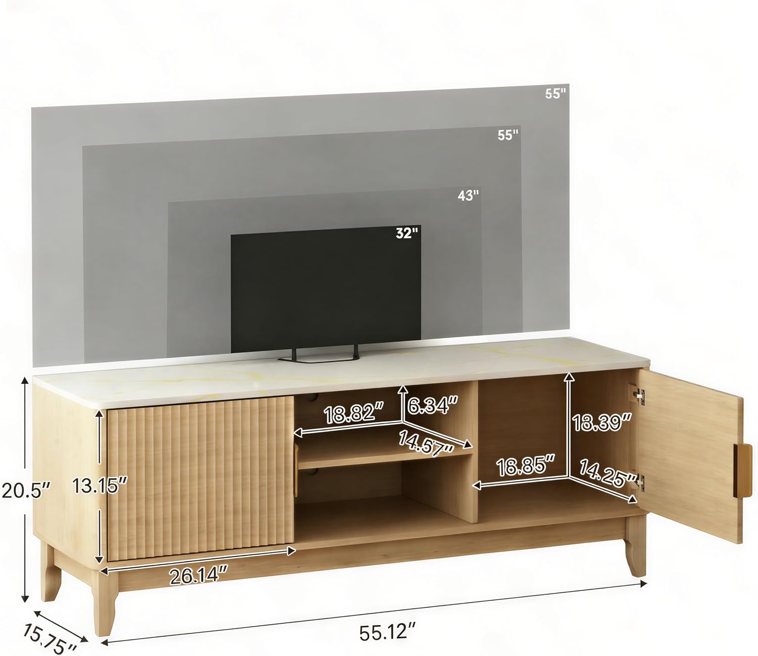 Mid Century TV Stand for Living Room, 55 Inch TV Console with Storage & Cable Holes, Entertainment Center for 32-60 Inch TVs, Modern TV Furniture with Fluted Doors & Adjustable Shelf, Natural wood