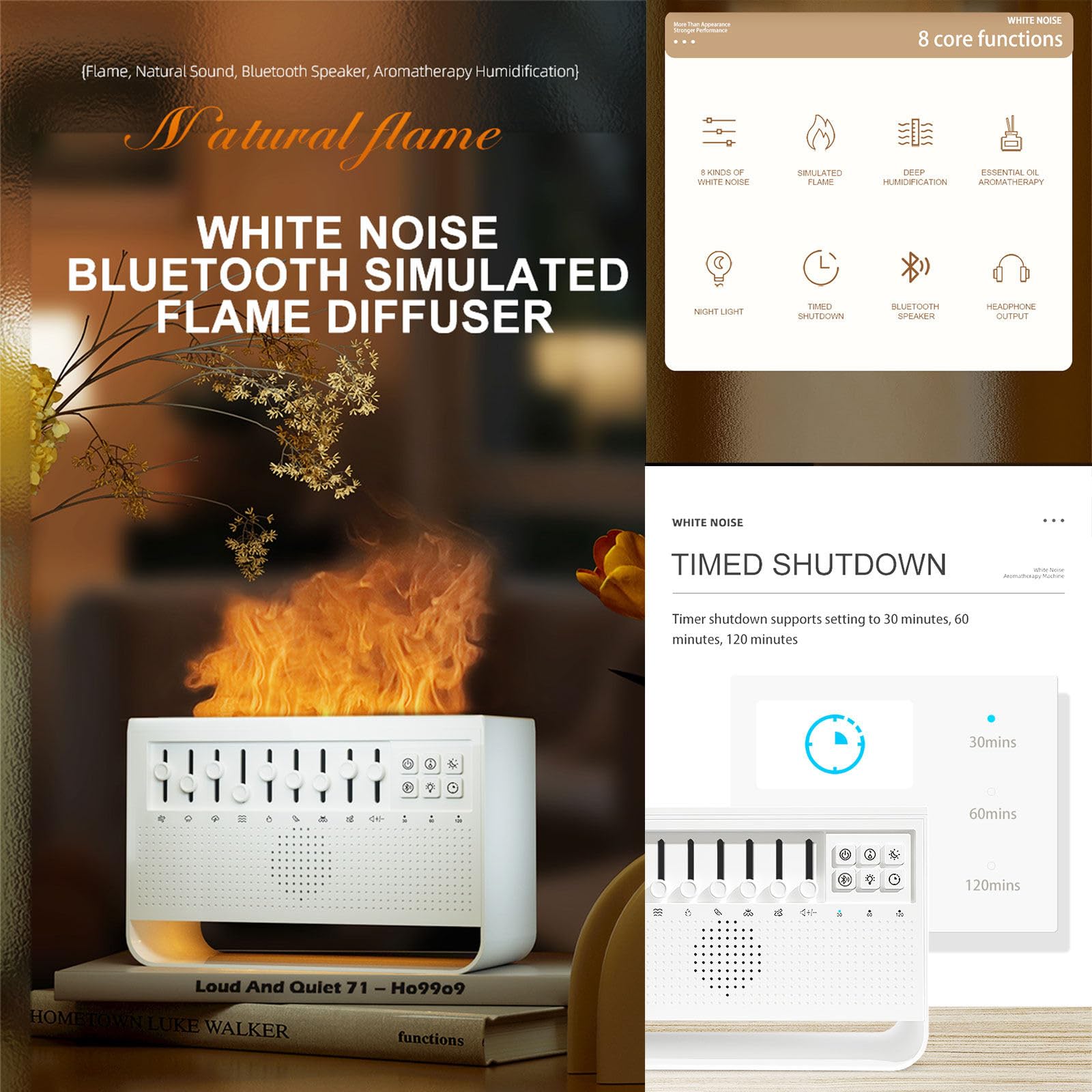 Difusor de Aceites Esenciales, Moderno Diseño 3 en 1, Simular Llama Humidificador Aceites Esenciales, Agregar Agua Encima, Humificador de Aromas, con Luz Nocturna, Reproductor Bluetooth