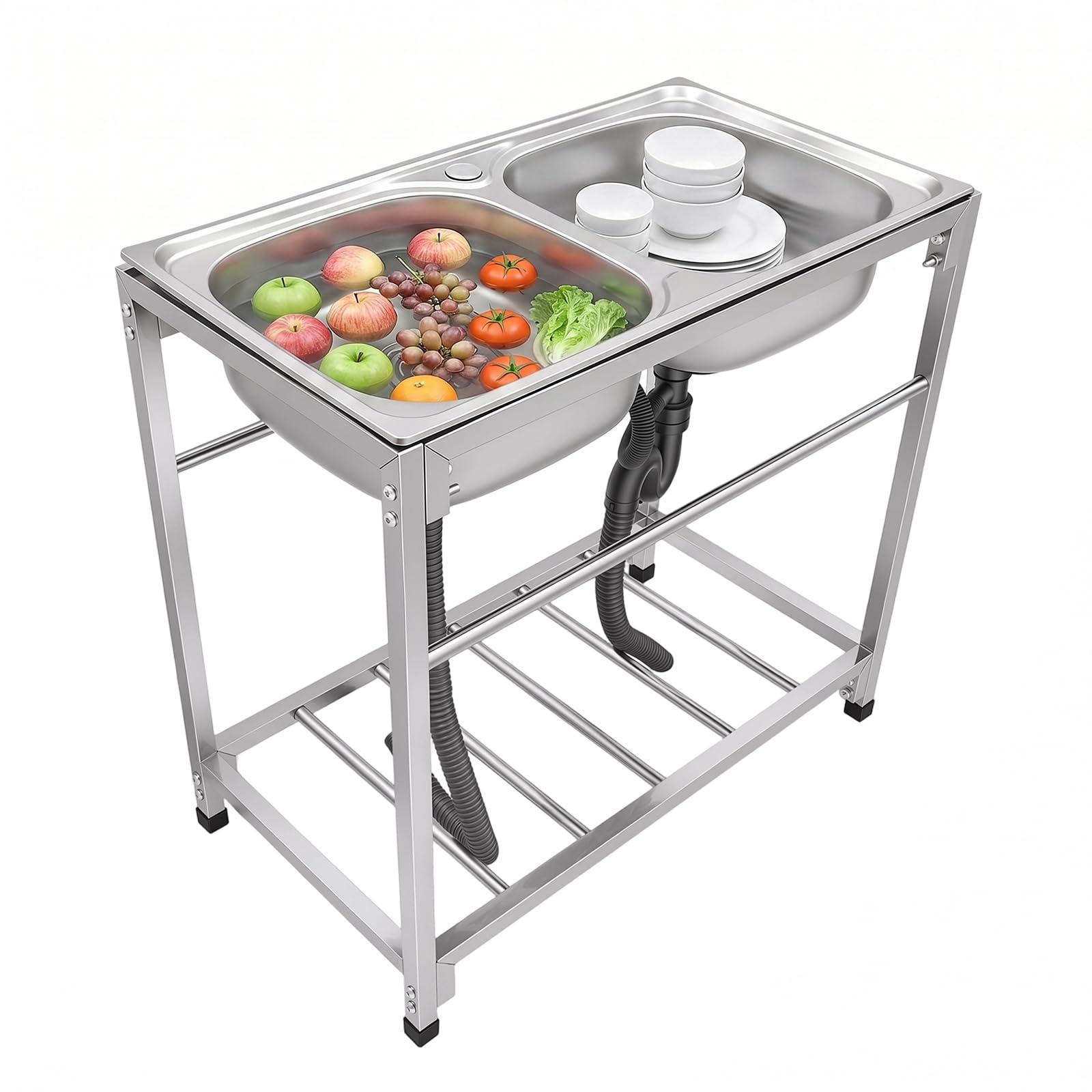 Lavabo doppio, indipendente in acciaio inox 2 vasche freestanding lavello con tubi di scarico, professionale indipendente lavandino esterno, 83 x 44 x 77 cm