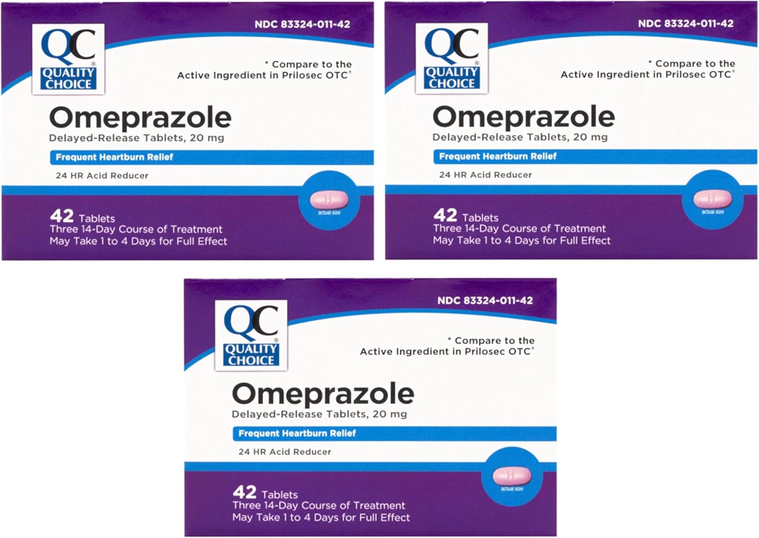 Quality Choice Omeprazole Delayed Release Acid Reducer Tablets, 20mg for Frequent Heartburn, Contains Three 14 Day Courses of Treatment 42 Count (3 Pack)