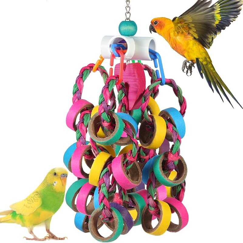 Juguetes para pájaros Conure Toys, trituradora de forraje para loros y pájaros, 24 piezas de anillos masticables de bagel coloridos para loros pequeños, periquitos, cacatúas, accesorios para jaulas de pájaros (W)