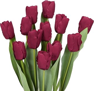 DuHouse 12pcs Red Artificial Tulips Flowers Real Touch Tulip Bouquets in Bulk Fake Tulips Flowers for Home Kitchen Decoration Wedding Party with Box