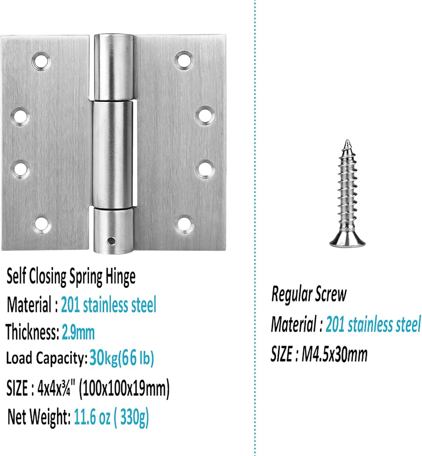 3 Pack 4" x 4" Self Closing Door Hinges, Adjustable Tension Spring Hinges, Stainless Steel