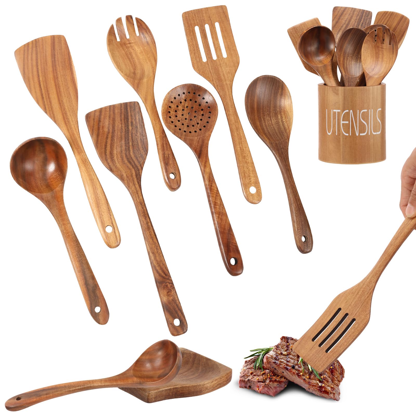 Kochlöffel Teakholz Küchenutensilien Set 9-Teiliges Massivholz Kochlöffel & Pfannenwender Kratzfreies Holzgeschirr für Beschichtete Pfannen inkl. Utensilienhalter & Löffelablage