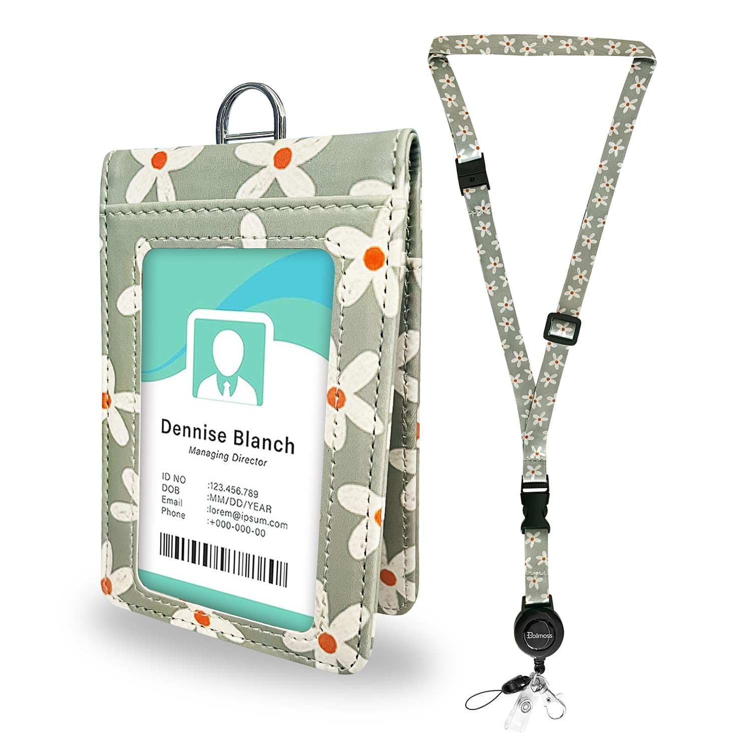 bolimoss Cute Flowers Lanyard for ID Badge Card Breawaway Neck Lanyards with Retractable Badge Reels Quick-Release Buckles & Adjustable Straps with Leather Double Sided Windows Card Badge Holders