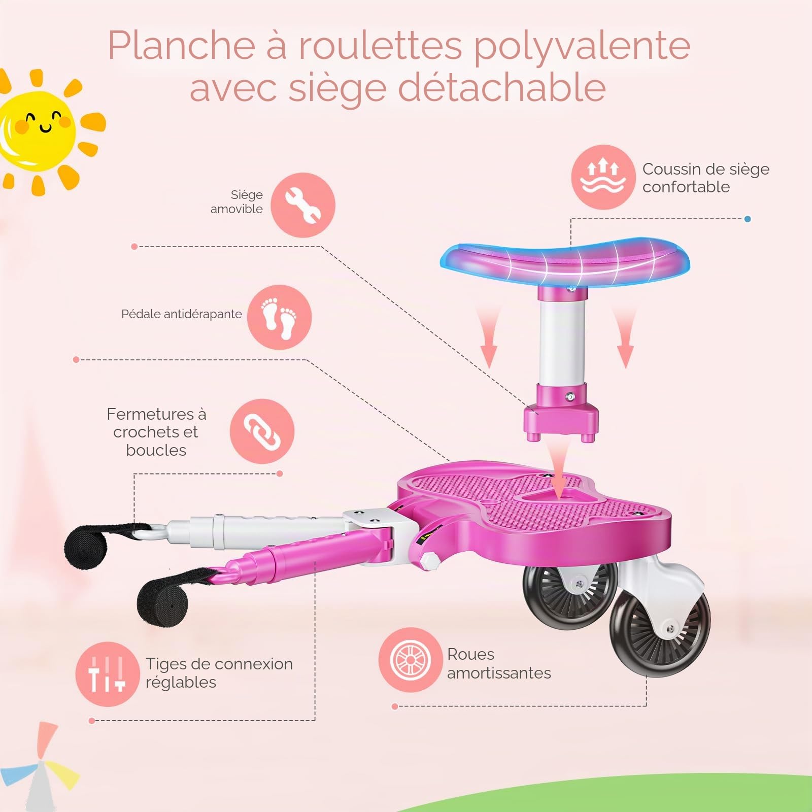 Planche Poussette Universelle Rose, Marche Pied Poussette Universelle avec Siège, Compatible 99% des Poussettes, Planche à Roulettes pour Enfants 2-6 Ans (25KG)