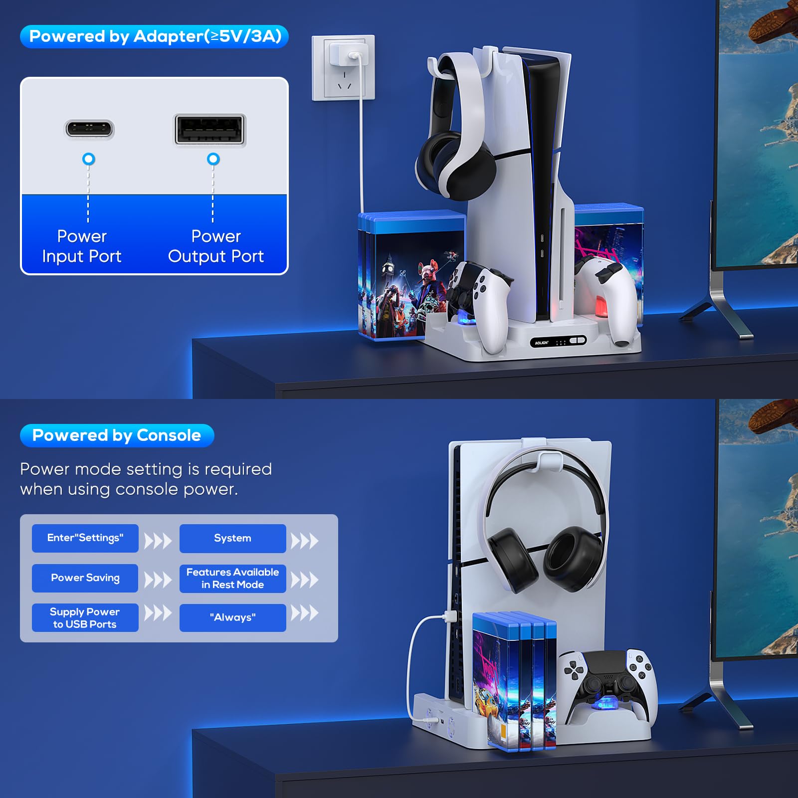 FASTSNAIL Support avec Ventilateur pour PS5/PS5 Slim/Pro Disc & Digital, Socle Compatible avec Playstation 5/Slim/Pro，Manette Chargeur Rapide pour DualSense/Edge, Accessoires pour PS5/PS5 Slim/Pro