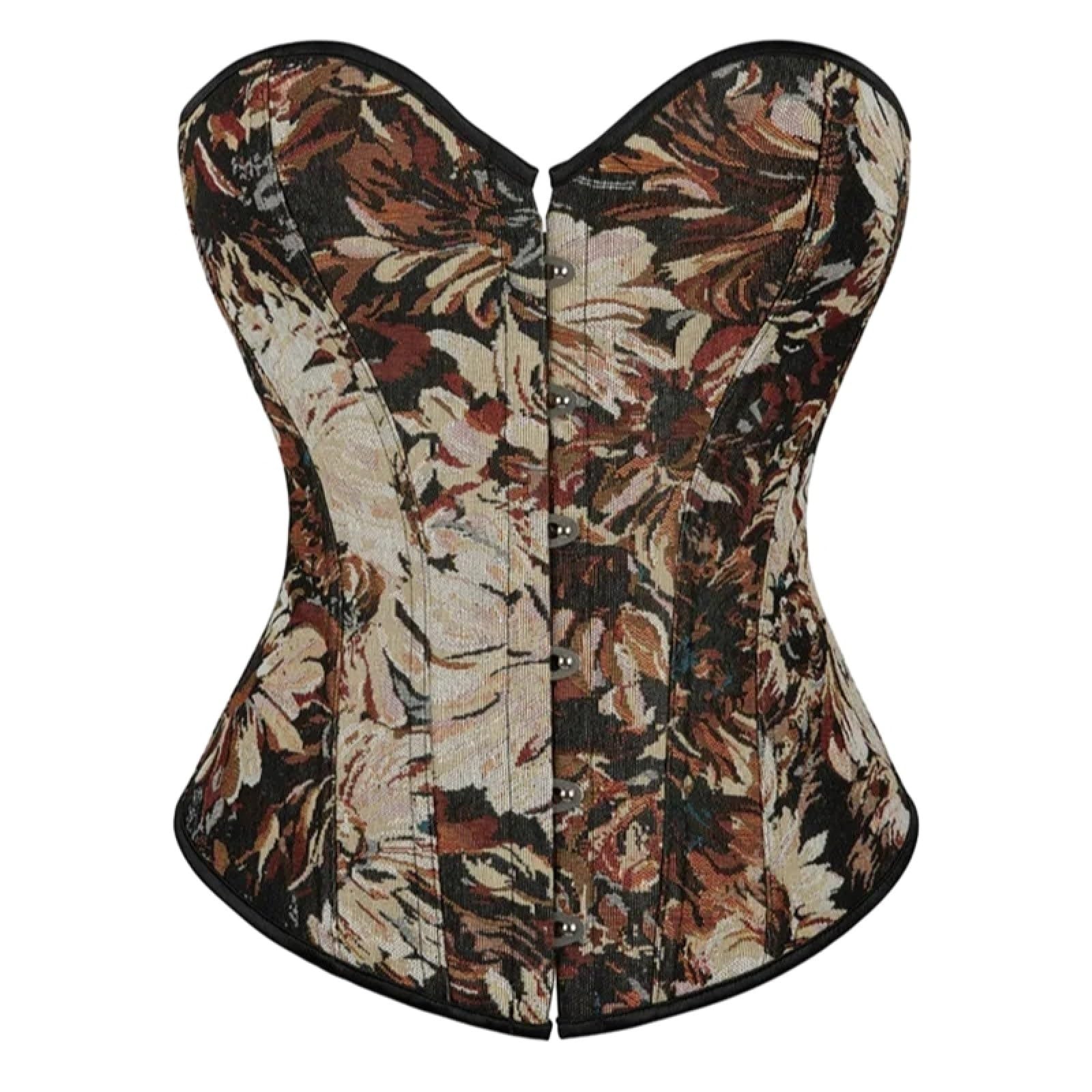 Corsetti Top da Donna - Bustino Overbust con Stampa Floreale Senza Spalline Marrone Vintage, Allenamento alla Vita Sottoseno Modellante per Il Corpo