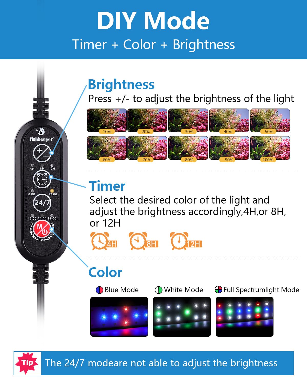 fishkeeper Petite lampe pour aquarium, éclairage pour aquarium 24/7 avec clip, DIY et minuterie, 10 niveaux de luminosité réglables, éclairage LED pliable à 360° pour aquariums avec rebord