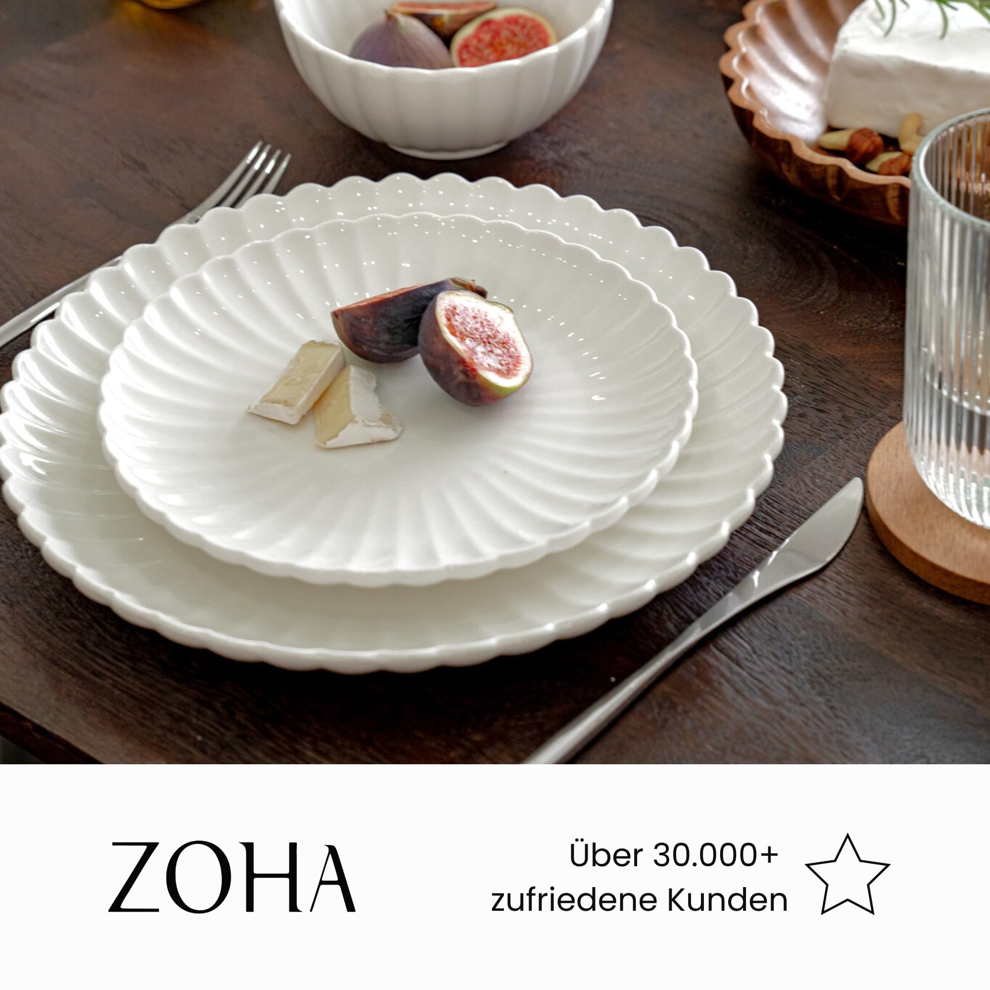 Zoha Lotus Tellerset 12 Personen – modernes Tafelservice 48-teilig – stilvolles Porzellan Teller Set 12 Personen – elegantes Teller-Set in edlem Weiß – spülmaschinengeeignet & mikrowellenfest