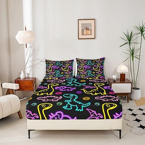 Miniatura 3 de Erosebridal Sábanas de dinosaurio brillante con lindos animales, tamaño individual, sábanas de dinosaurio degradado, ropa de cama de huevos de