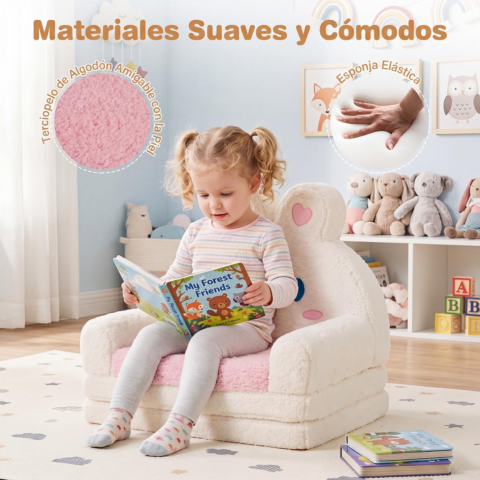 COSTWAY Sofá Infantil Plegable 2 en 1 (Conejo,Rosa) | Sillón Convertible para Niños con Funda Desmontable, Bolsillo de Almacenamiemto, Tumbona de Felpa para 18-36 Meses