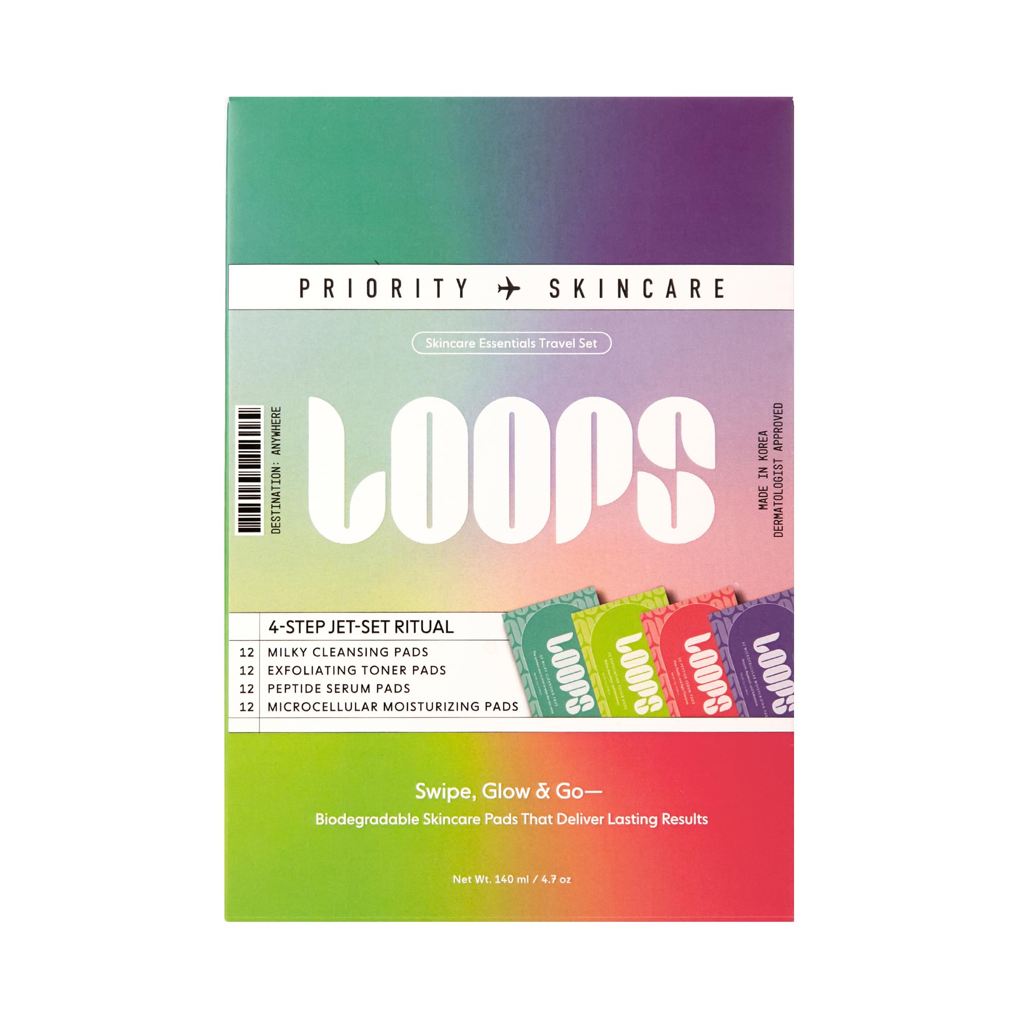 LOOPS 4-Step Essentials Skincare Kit with 12 Travel Vegan, Natural, Biodegradable Gentle Skincare Pads Each - Moisturizer, Toner, Peptide, and Milky