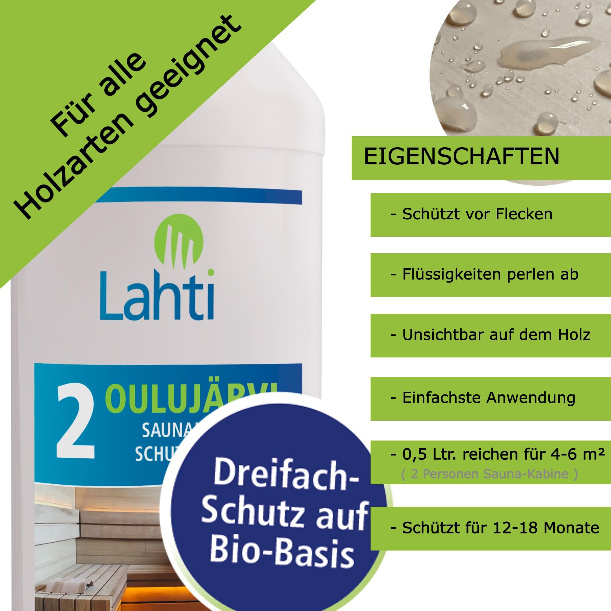 Lahti 2 OULUJÄRVI - Protección única para madera de sauna - Adecuado para todas las maderas - Evita manchas de agua y sudor - Protege contra la suciedad (0,5 litros con cabezal pulverizador)