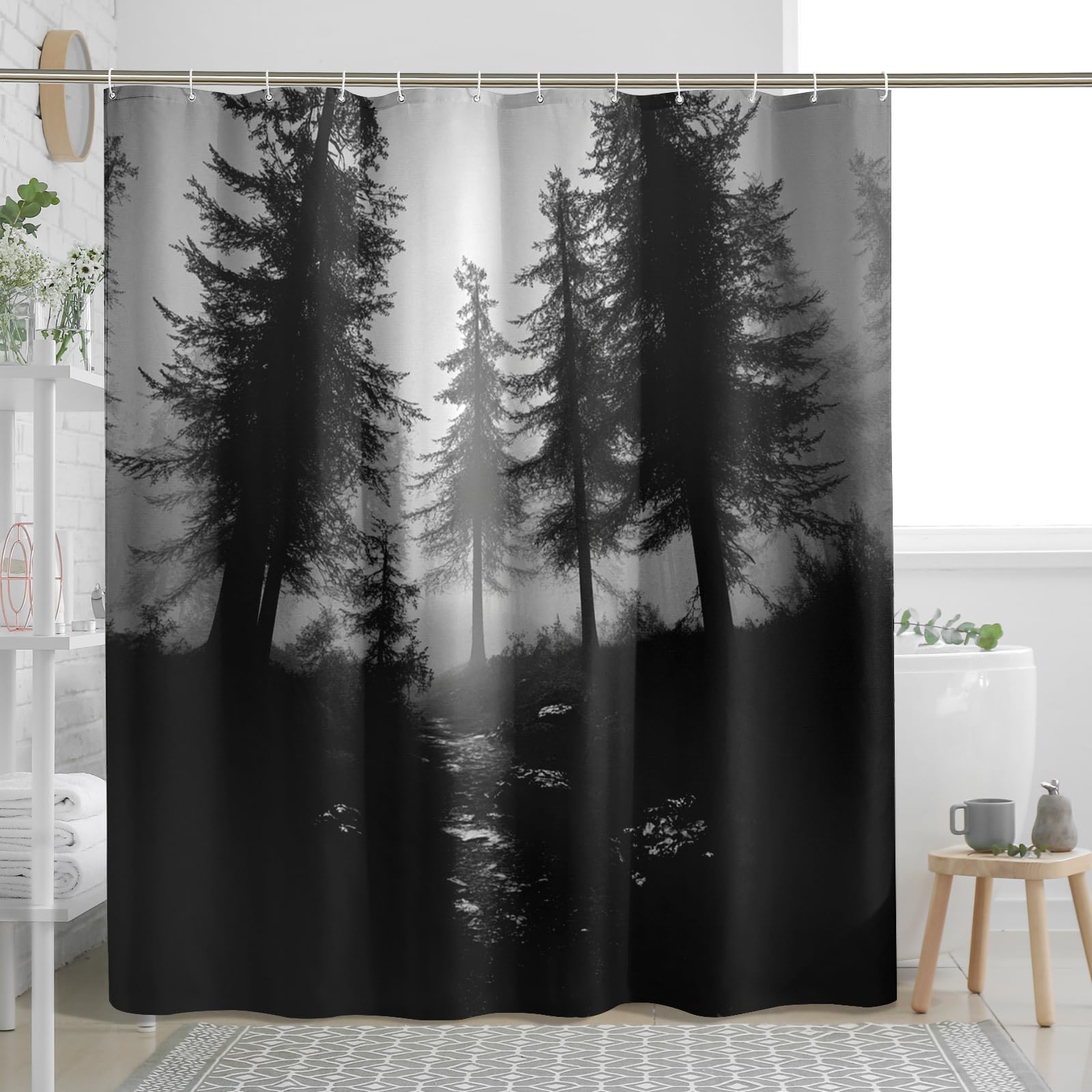 Ensemble de rideau de douche blanc et noir, rideau de douche arbre naturel, accessoires de salle de bain, motif imprimé décoratif, 62 x 72 cm