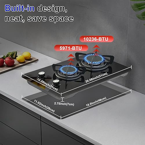 Vista 2 de Estufa de gas de 12 pulgadas, 2 quemadores de propano integrada, estufa de interior adecuada para combustible dual GLP/NG, estufa de gas de vidrio