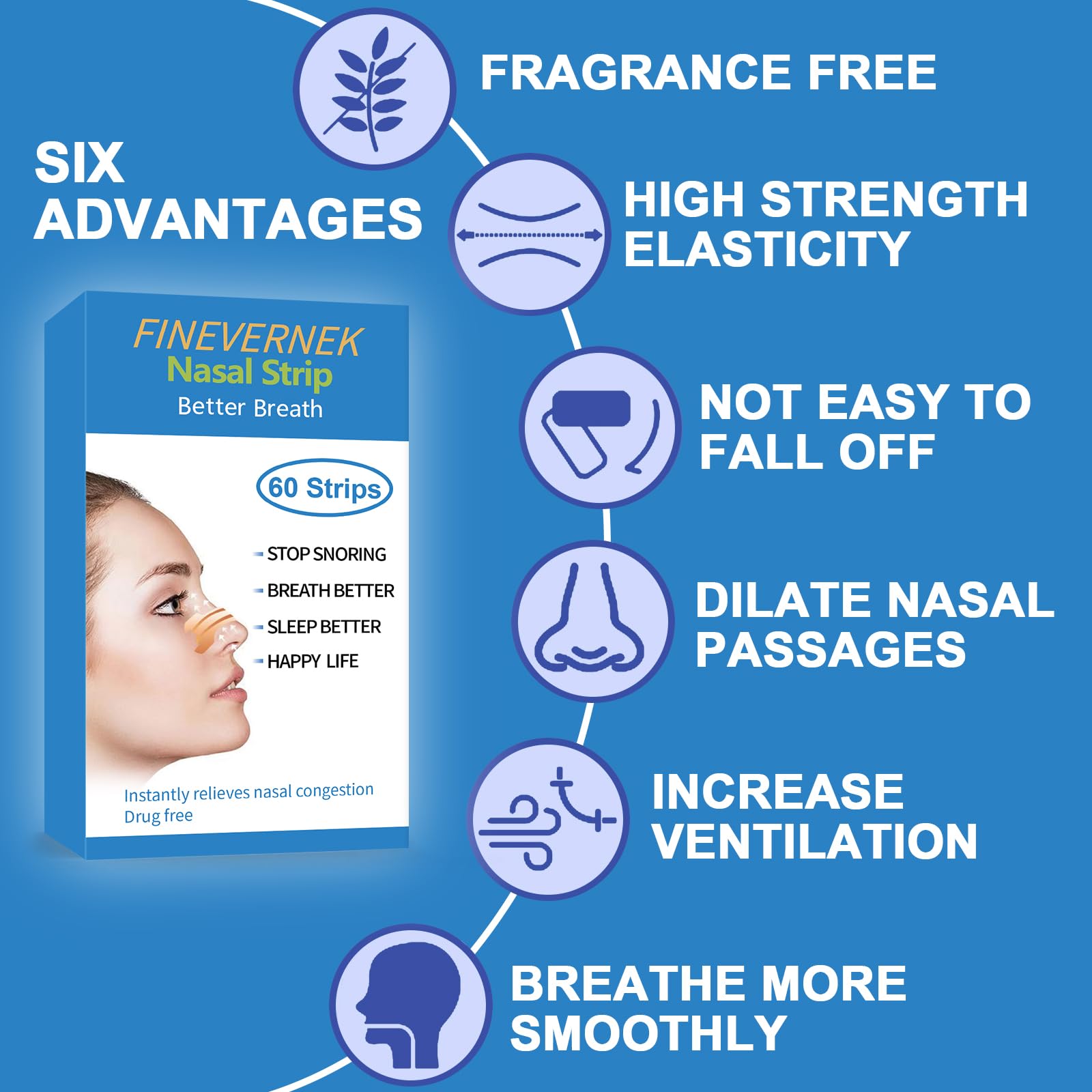 60 Pcs Tiras Nasales Antironquidos, Nasal Strips Deportivas, Tiras Nasales Anti Ronquidos para una Mejor Respiración al Dormir y Hacer Deporte -Talla L 66 x 19mm