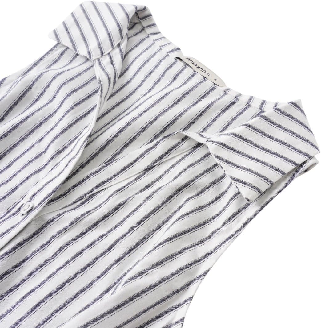 Amazhiyu Womens Cropped Summer Button Down Vest Sleeveless V Neck Stripes Tops - Image 4
