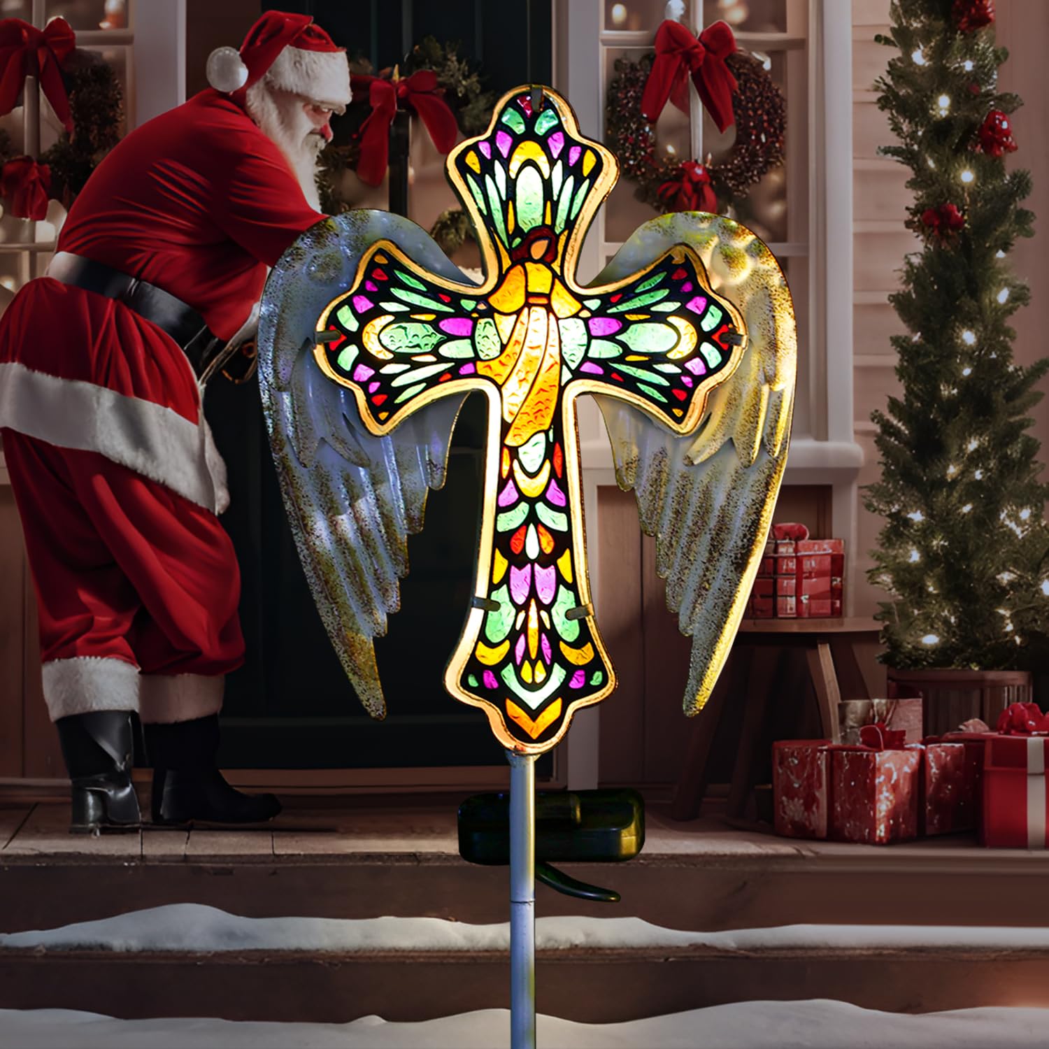 TEDOF Solar Glass Cross Stake Lights, Outdoor Garden Lights,Cemetery Decorations for Grave,Jesus Cross Angel Wings Memorial Gifts for Mother,Yard Lawn Garden Patio Christmas Decor