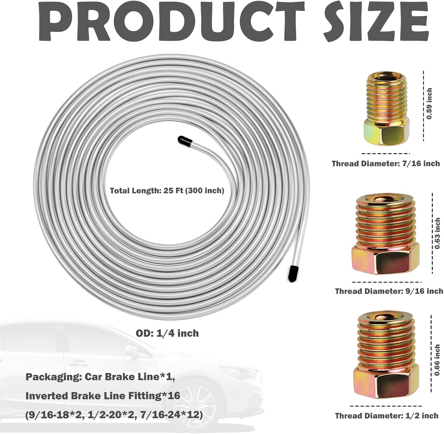 25Ft 1/4" OD Galvanized Car Brake Line Kit with 16 Inverted Brake Line Fittings,Universal Car Brakes Lines Kit for Maintenance of Braking Systems,Flexible Cars 1/4 Brakes Lines Coil