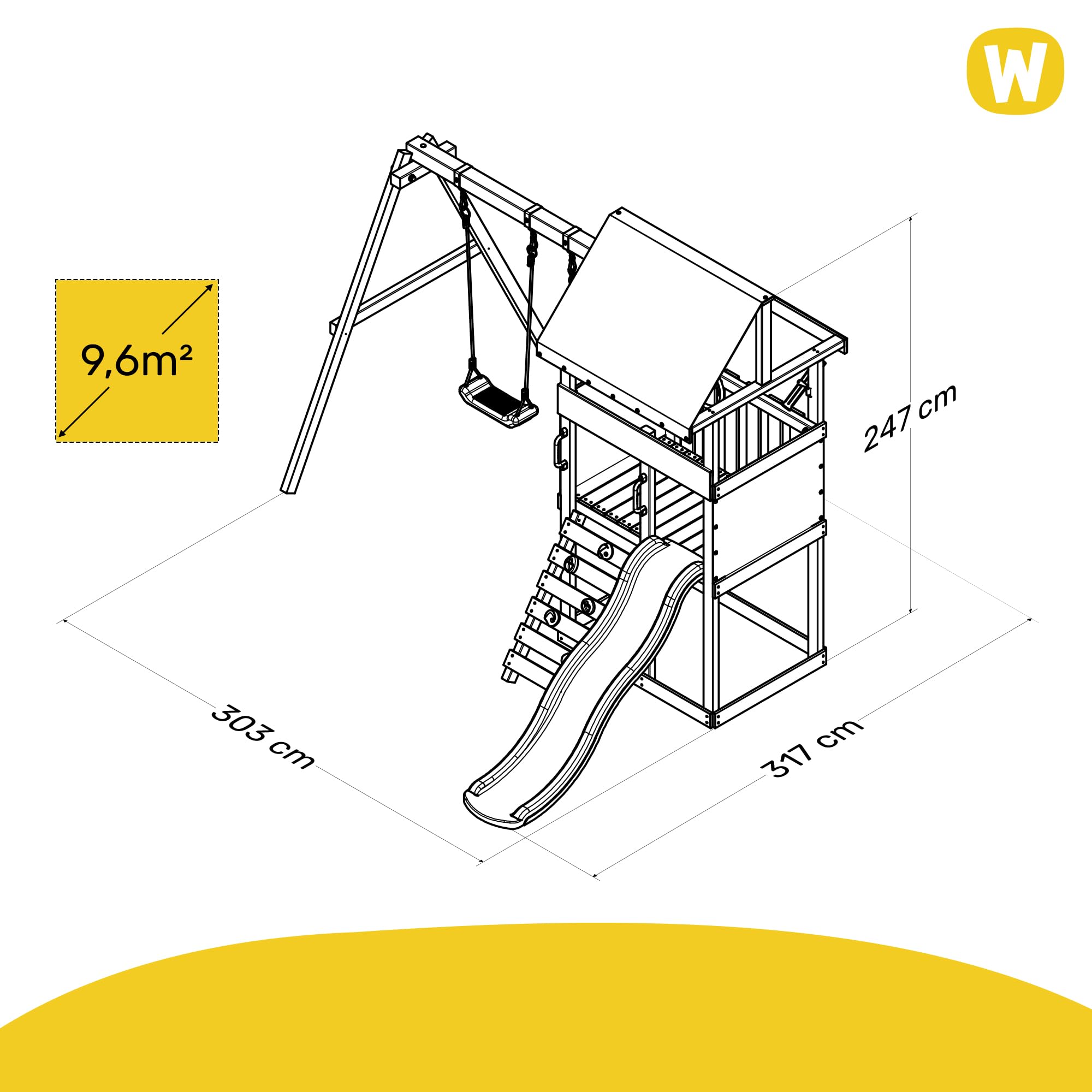 Wickey Aire de Jeux DinkyHouse avec Extension de balançoire - Toboggan & bâche - Tour à Grimper pour Enfants pour Le Jardin en Bois Massif - 303x317x247 cm (Bleu)