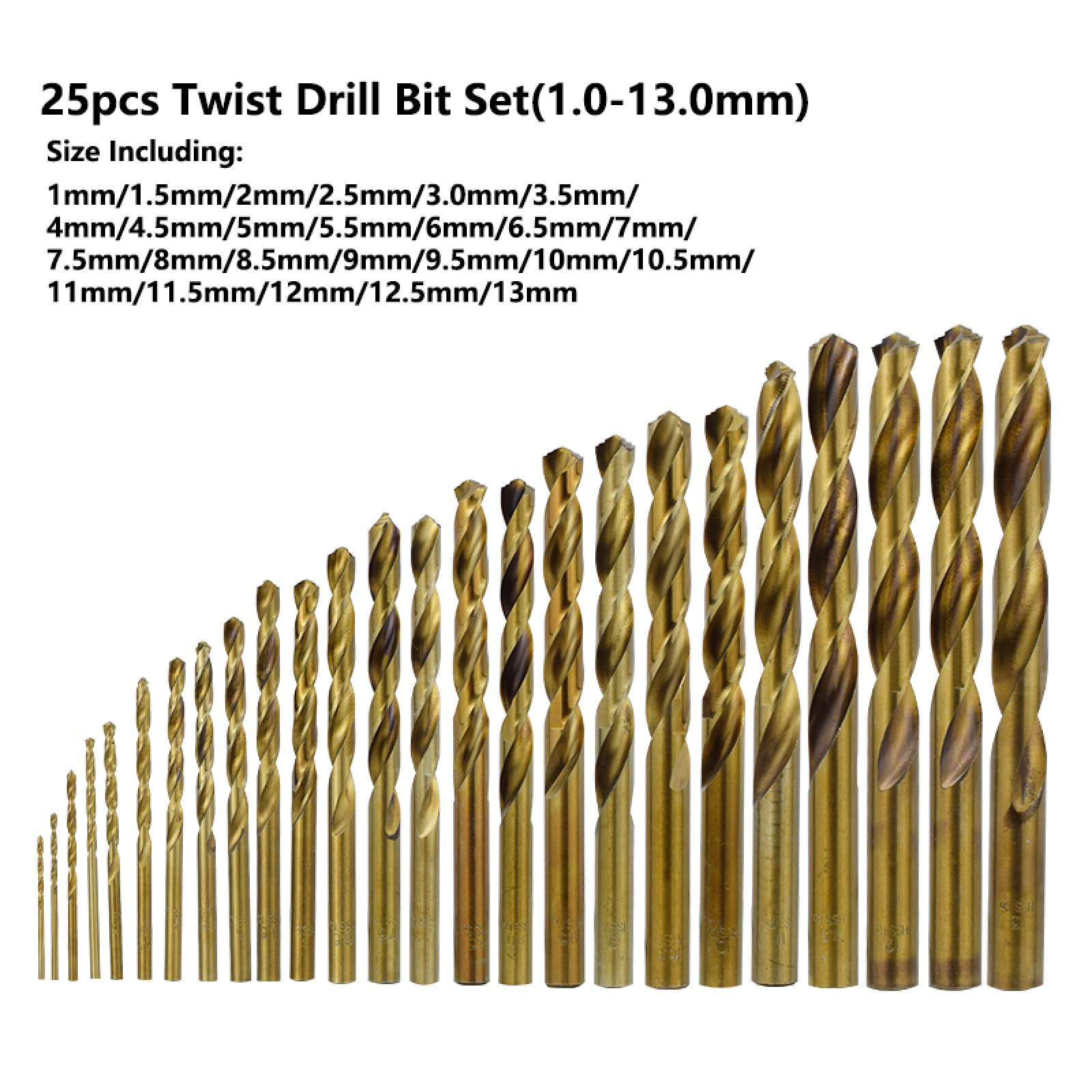 1.0-13mm Set di punte elicoidali 13/19/25 pezzi di punte da trapano per pistola HSS con rivestimento in cobalto per foratura di fori per legno/metallo,25 pezzi (1,0-13)