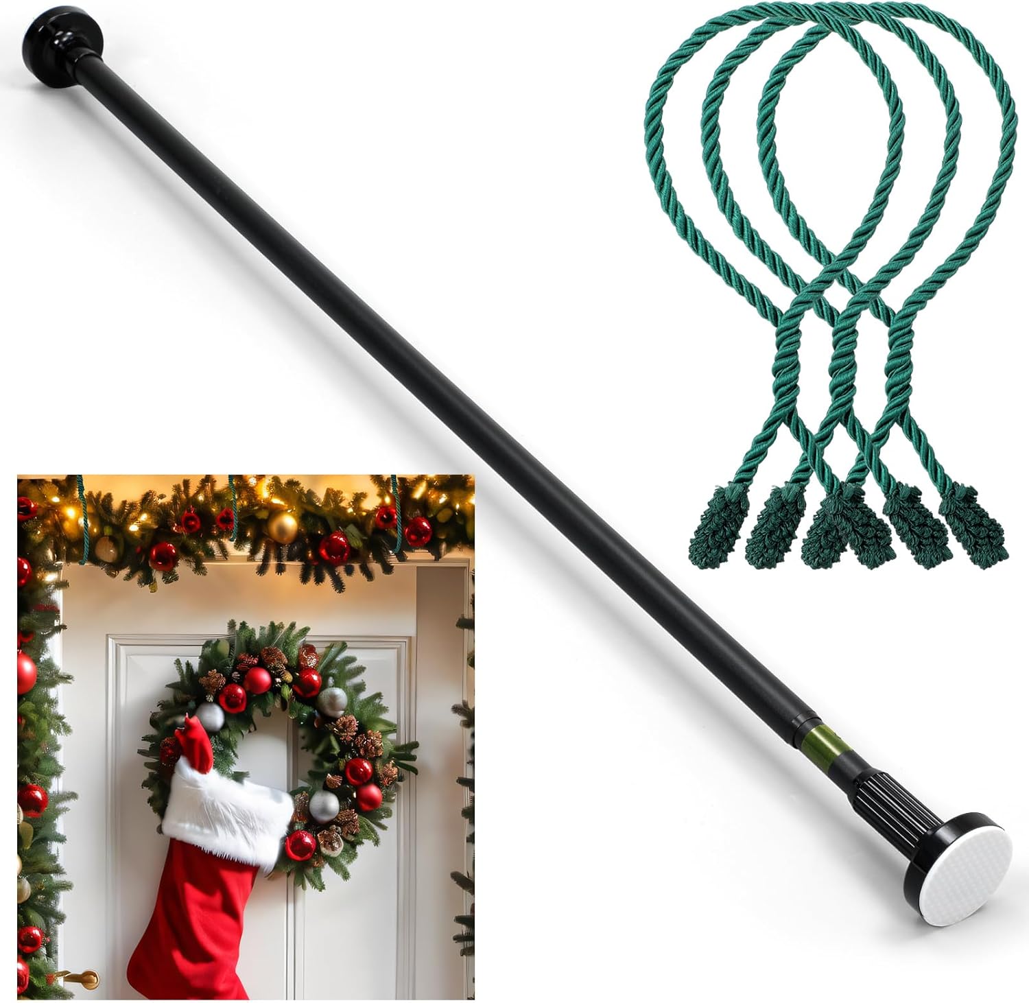Leinuosen Christmas Front Door Garland Hanger 43-74 Inch Adjustable Christmas Wreath Hanger Stainless Steel Retractable Rod with 3 Green Tie Ropes No Nail Screw No Damage for Xmas DIY Hanging(Black)