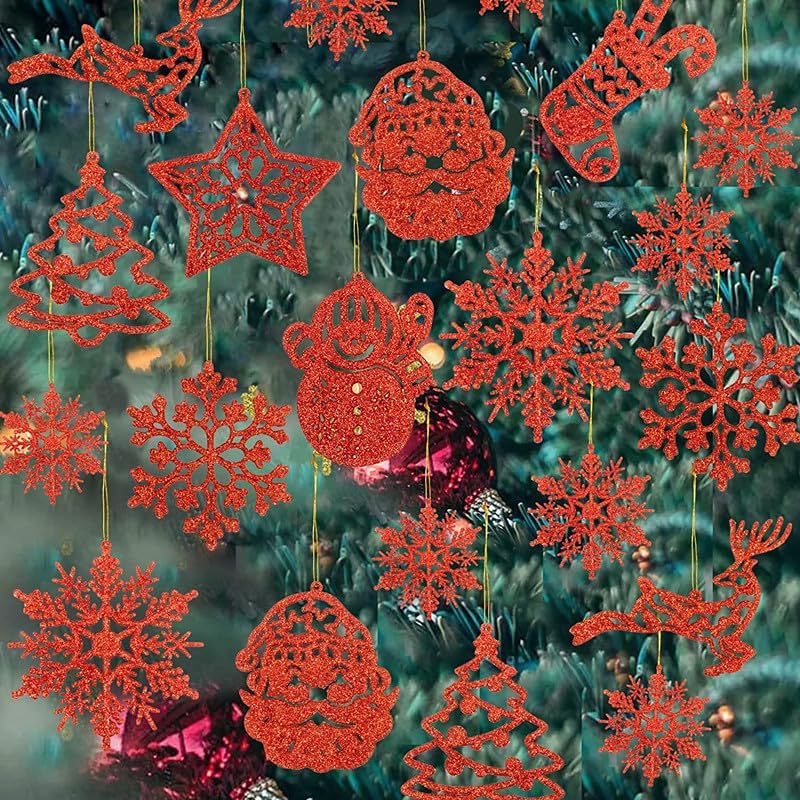 OrapinkChristmas Snowflake Ornaments Decorations, 20 Pieces Paper Hanging Christmas Tree Snowman Star Decorations for Wonderland Winter Christmas Tree（Red）