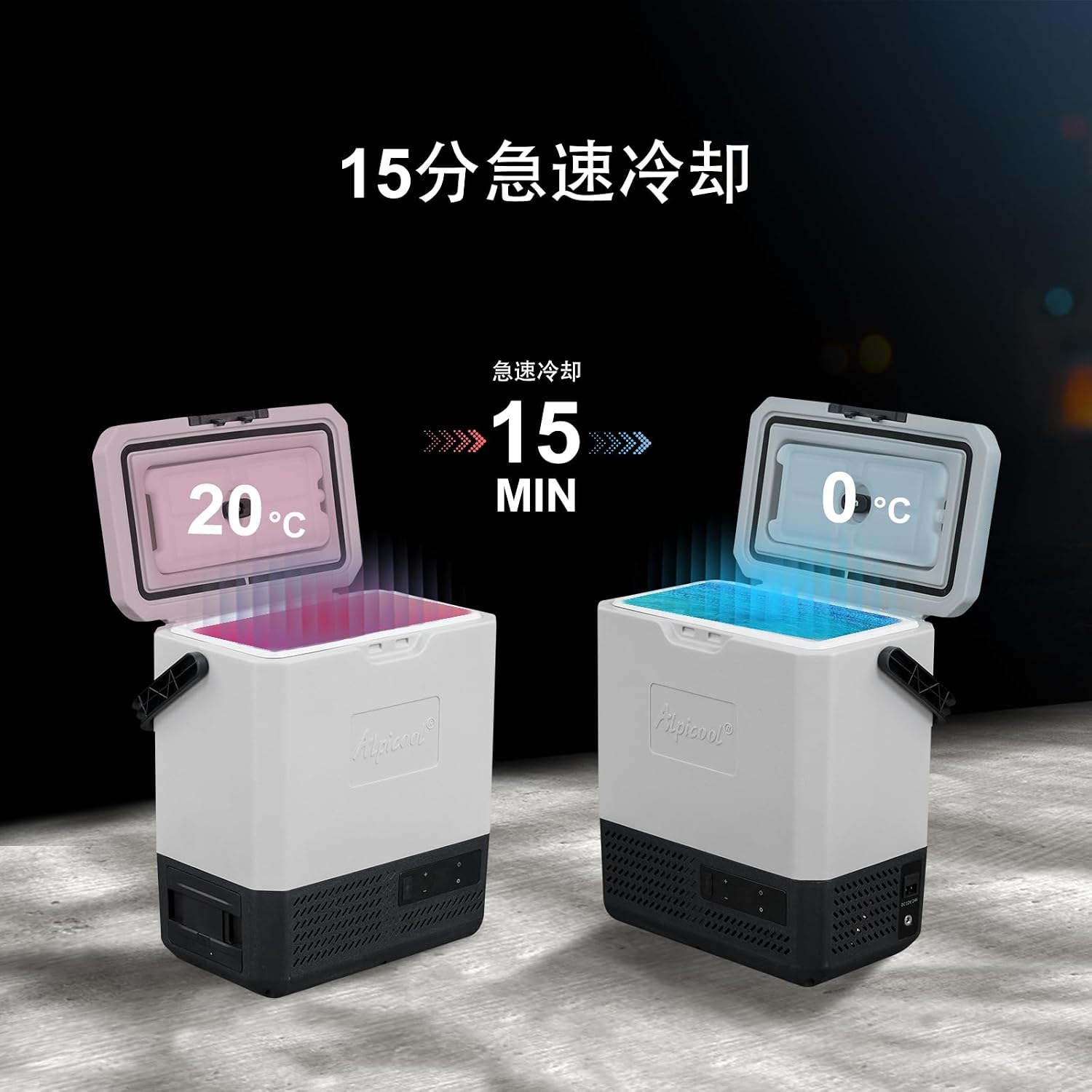Alpicool P8 8L Portable Refrigerator demonstrating rapid cooling from 20C to 0C in 15 minutes