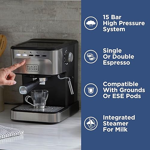 Miniatura 2 de Black+Decker Máquina semiautomática de café expreso y capuchino de 15 bares, máquina versátil con capacidad para usar molidos o cápsulas ESE para
