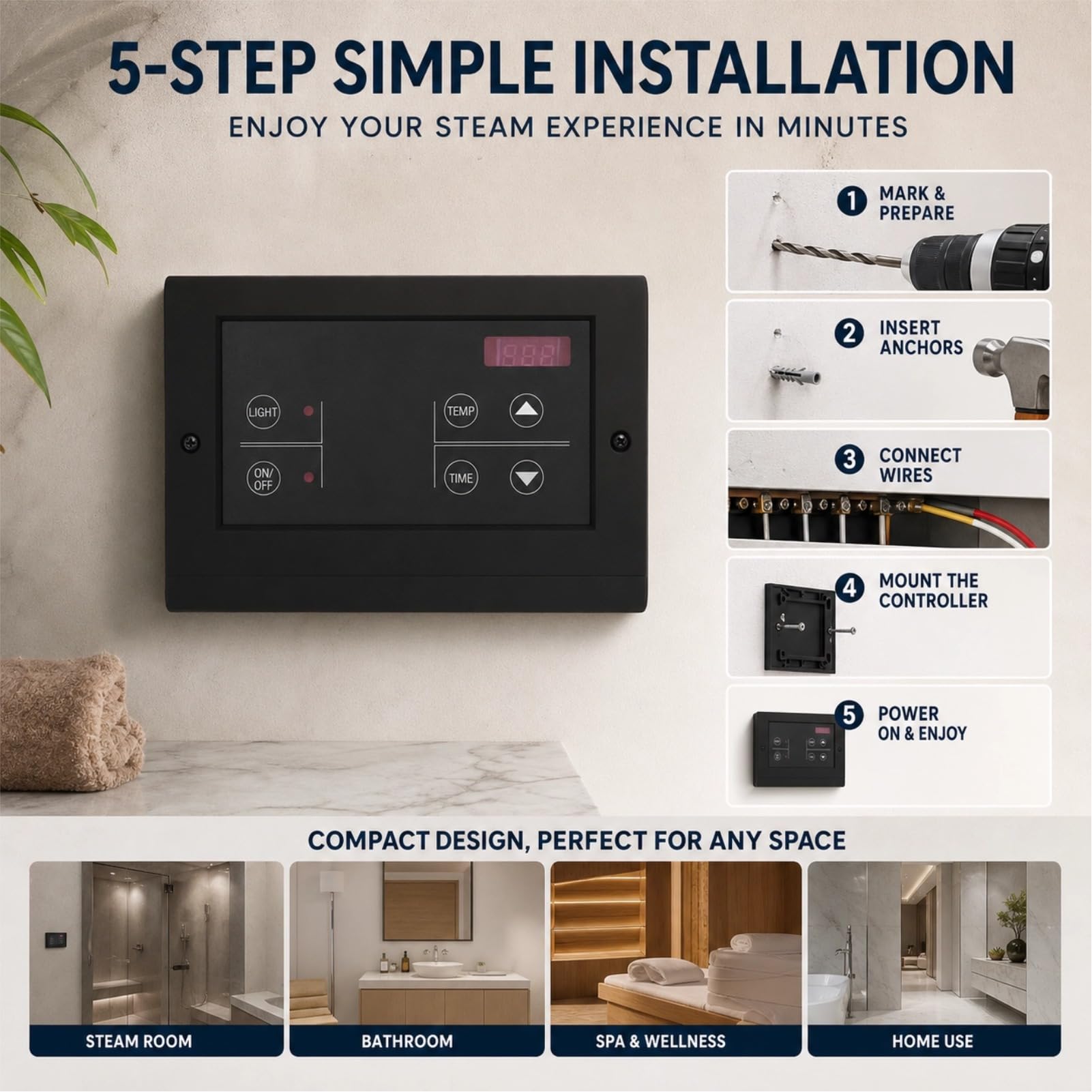 Controlador de Temperatura de Sauna, Panel de Control de Generador de Digital de Montaje en Pared, para Salas de Sauna y Baños de Material ABS 35 110 ℃ Rango de Temperatura (Negra)