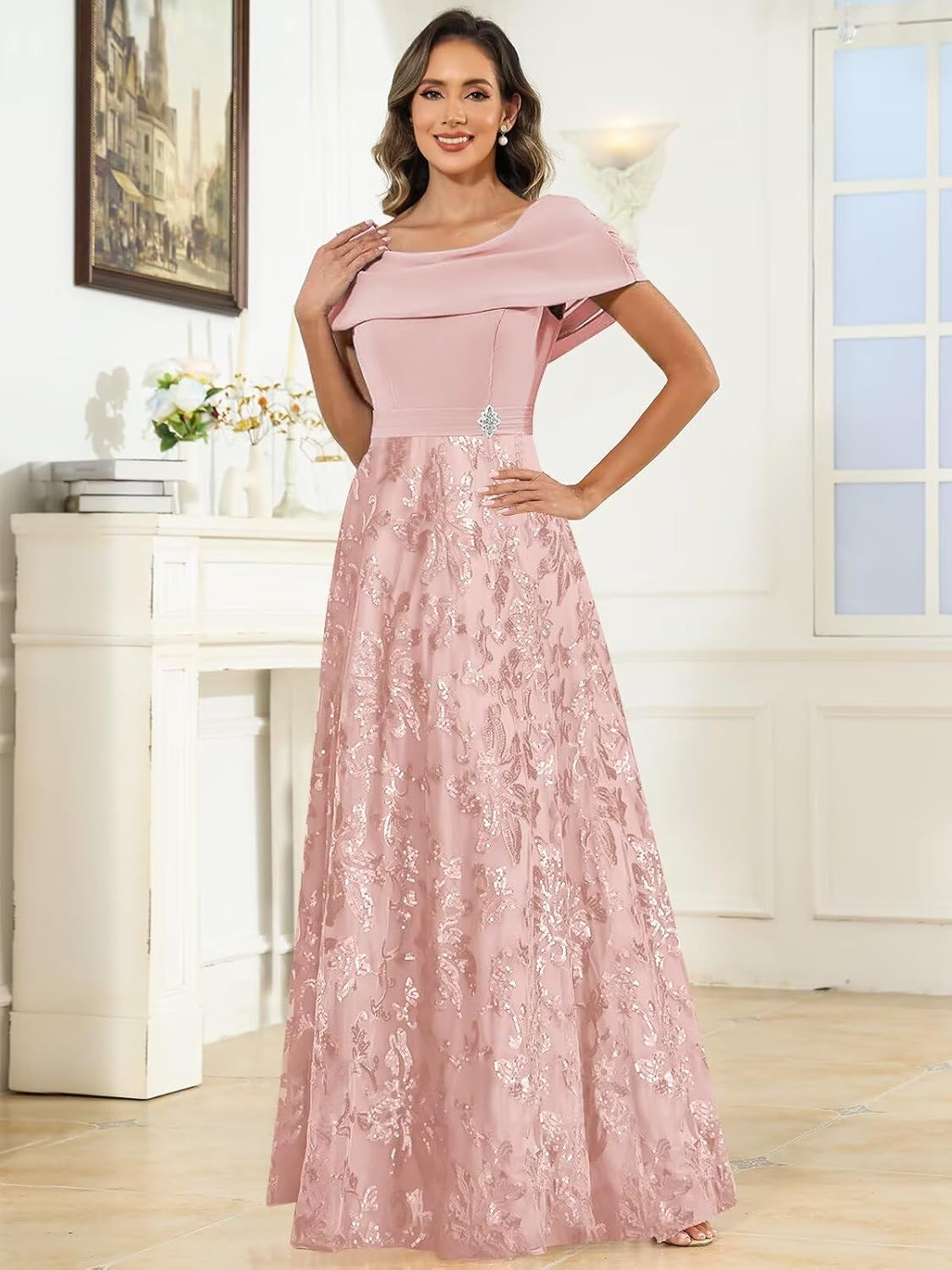 VCCICANY Cape Sleeves Mother of The Bride Dresses for Women Chiffon Sequin Lace Beaded Long Evening Formal Gowns - Image 4